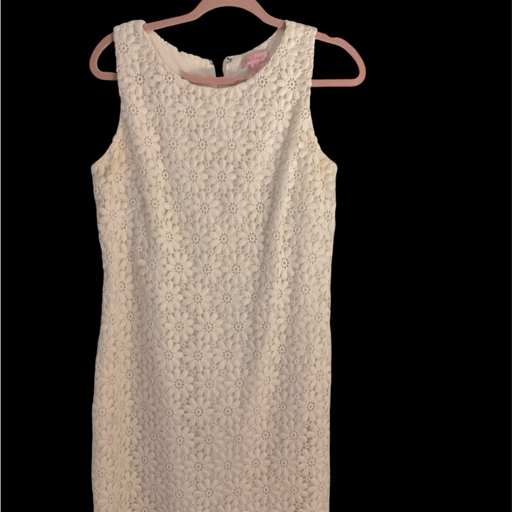 Vintage Floral Lace Lilly Pulitzer White “Lela” floral crocheted Sheath Dress